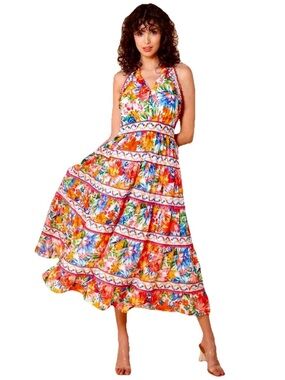 Hale Bob Miriam Voile Vibrant  Sleeveless Tiered Skirt Maxi Dress - Size Large